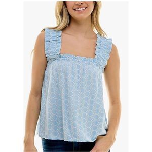 Aqua Eyelet Top Size Large Blue Ruffle Pullover Wide Strap‎ Woven Tank NEW